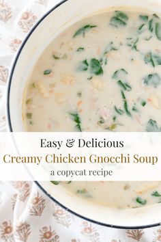 creamy chicken gnocchi soup in a white bowl on a floral cloth with the title overlay