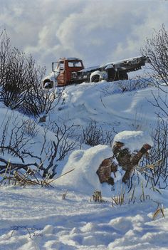 an old truck sitting on top of a snow covered hill