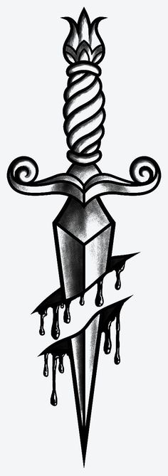 a drawing of a dagger with two drops on it