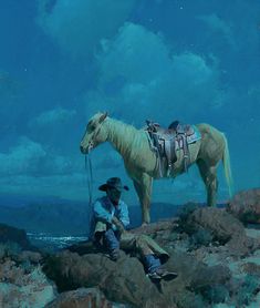 a painting of a man sitting on top of a rock next to a horse in the sky