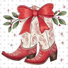 a red cowboy boot with a bow on it's side and snowflakes in the background