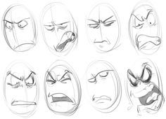 various facial expressions drawn in the style of anime character heads, with different angles to each face