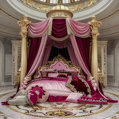 an elaborately decorated bed with pink and gold accents in a fancy bedroom setting,