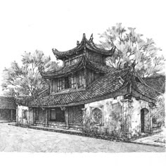 an ink drawing of a chinese house with trees in the front and on the side