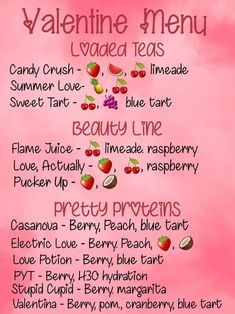 valentine's day menu with the names and ingredients for each type of desserts