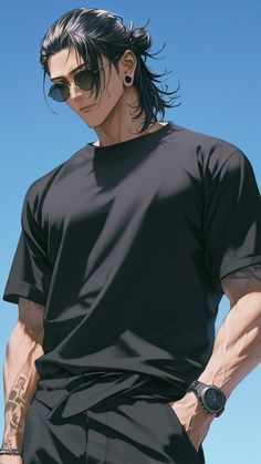 a man with black hair and sunglasses standing in front of a blue sky