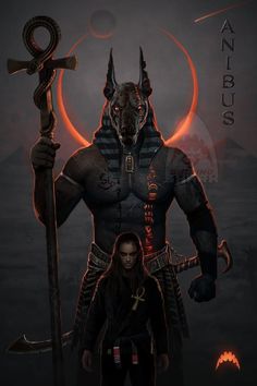 anubus holding a staff and standing next to a demon