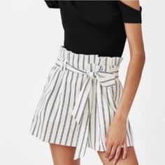 Brand New With Tags! This Pair Of Black And White Striped Shorts Comes With A Tie Belt And Side Pockets. It Is A Perfect Pair To Wear With A Basic Body Hugging Or Tight Top For That Simple Yet Elegant Look. The Material Of This Holds The Shape Well So It Is Good For Office/Formal Wear As Well. The Waist Is Elastic, Fits 26 - 27in Waist. Chic High Waist Summer Bottoms, Chic High-waist Summer Bottoms, Chic Summer Bottoms For Day Out, Chic Bottoms For Summer Day Out, Chic High Waist Striped Shorts, Chic Striped Bottoms, Chic Striped Cotton Shorts, Striped High Waist Shorts For Summer, High Waisted Striped Shorts For Summer