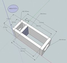 a drawing of a box with measurements for the top and bottom section, including an opening to