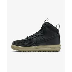 Men's Nike Lunar Force 1 Duckboot Black/Black-Neutral Olive Size: 8.  Gender: male.  Age Group: adult. Nike Lunar Force 1 Duckboot, Mens Sneaker Boots, Lunar Force 1 Duckboot, Mens Waterproof Hiking Boots, Waterproof Shoes For Men, Olive Shoes, Mens Slip On Sneakers, Nike Lunar Force, City Sneakers