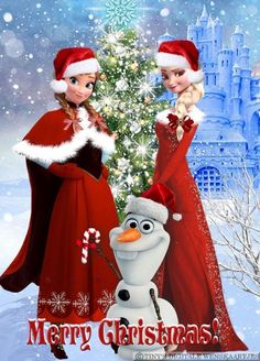 two girls dressed up as disney characters standing next to a christmas tree with a snowman