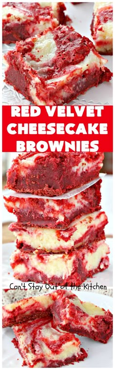 red velvet cheesecake brownies stacked on top of each other