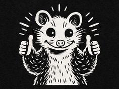 an illustration of a rat giving the thumbs up sign with both hands, on a black background