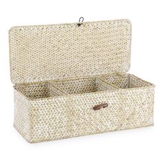 an open wicker box with three compartments