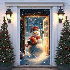 an open door with a snowman and christmas decorations on the outside, surrounded by evergreen trees