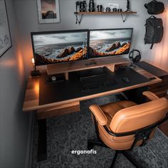 A home office featuring a solid wood desk, a dual monitor setup and an orange office chair. Desk Setup Dual Monitor, Dual Monitor Desk, Home Office Aesthetic, Mens Bedroom Decor, Dual Monitor Arms, Office Aesthetic, Monitor Arm