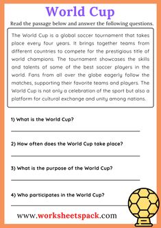 the world cup worksheet is shown with an orange background and purple lettering on it