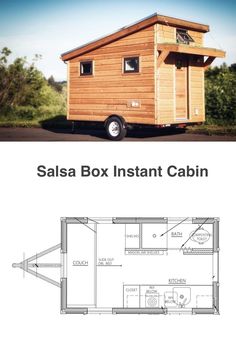 a small cabin with the floor plan for it to be built on top of a trailer