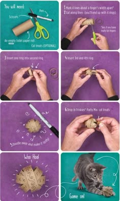 instructions to make an origami cat with scissors and paper machs on purple background