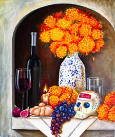 a still life with flowers and a skull next to a wine glass, bottle, and grapes