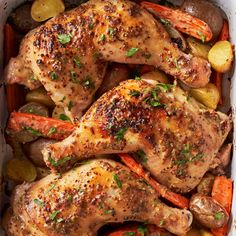 chicken, carrots and potatoes in a casserole dish