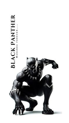 the black panther statue is posed in front of a white background with an inscription that reads,