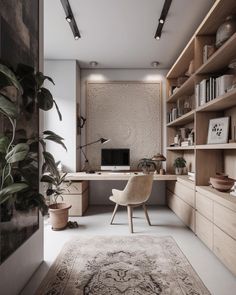 a modern home office with wooden shelving and plants in pots on the desk area