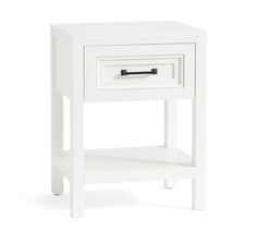 a white nightstand table with one drawer open