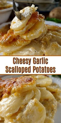 two pictures of cheesey garlic scalloped potatoes on a plate with a fork