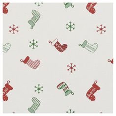 a white background with red and green christmas stocking, snowflakes and kitchen utensils