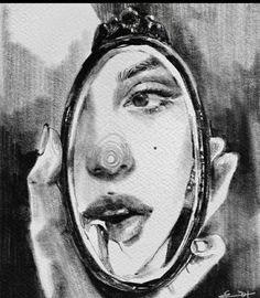 a drawing of a woman's face reflected in a mirror