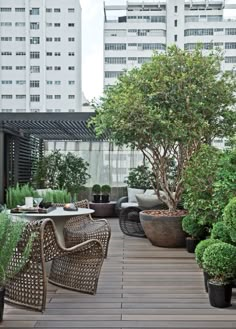 an outdoor patio with potted trees and plants on the deck area, surrounded by tall buildings