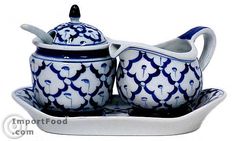 a blue and white tea set on a tray