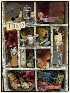 an altered photograph of various items in a box with the word time written on it