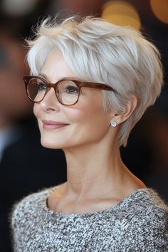 24. Ivory Blonde Layered Pixie (Hairstyles For Older Women With Thick Hair) - Short Hairstyles For Older Women With Glasses Women With Glasses, Short Hairstyles For Older Women, Short Haircuts For Older Women, Easy Short Haircuts, Older Women's Hairstyles, Layered Pixie, Haircuts For Older Women, Rimmed Glasses, Hairstyles For Older Women