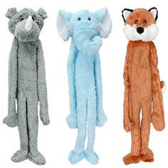 three different styles of stuffed animals in various colors