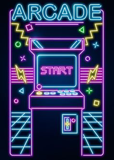 an arcade game poster with neon colors