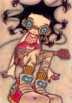 a drawing of a girl with glasses playing an electric guitar and holding a string in her hand