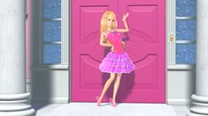 the barbie doll is standing in front of a pink door and holding her hand up