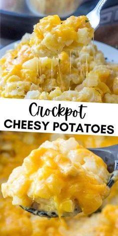 two pictures showing different types of cheesy potatoes with the title text above them