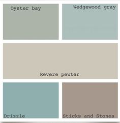 several shades of gray and blue with the words, oyster bay wedgewood gray revere pewer sticks and stones