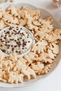 a plate full of cookies and dip with chocolate chips