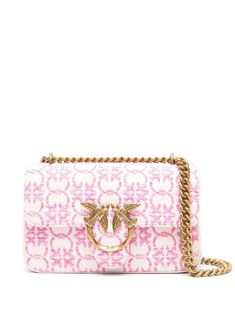 white/rose pink cotton blend signature Love Birds all-over logo jacquard signature Love Birds logo plaque detachable adjustable leather and chain-link shoulder strap foldover top with magnetic fastening main compartment debossed internal logo internal slip pocket full lining gold-tone hardware This piece comes complete with a protective dust bag. Cute Handbags Designer, Girly Purse, Affordable Bags, Birds Logo, Mini Love, Cute Purse, One Logo