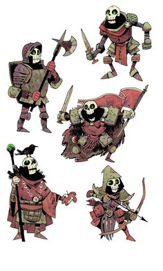 some cartoon characters in different poses with swords and skulls on their backs, one is holding a