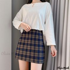 Olivia Mark - Stylish Grid Print Midi Skirt with Bodycon Fit and Flattering Hemline Stylish Midi Skirt, Casual Mini Skirt, Short Pencil Skirt, Skirts Outfits, Plaid Wool Skirt, How To Make Skirt, Cheap Skirts, Cute Skirt Outfits, Plaid Pencil Skirt