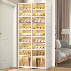 an open shoe rack in a living room