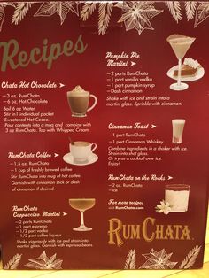 the menu for rumchata is displayed on a table