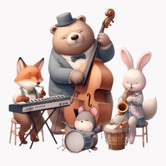 a group of animals that are playing musical instruments