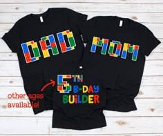 three t - shirts with the words 5th birthday builder printed on them and an arrow pointing to each other