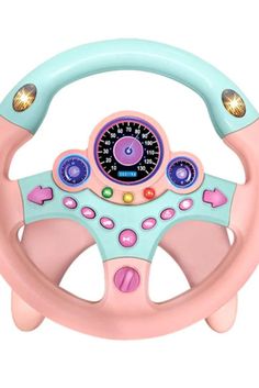 a pink and blue steering wheel with buttons on it's center hub, in front of a white background